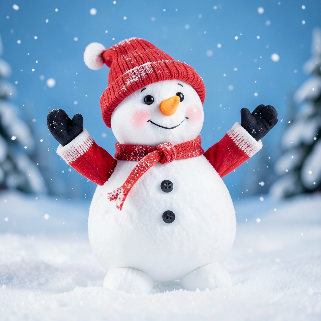 Whimsical snowman-shaped holiday figure in soft white and amber light, cheerful and lightly comic mood
